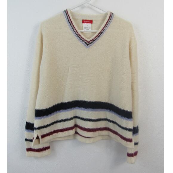 Esprit Small Lambswool Rabbit Angora V-Neck Pullover Sweater Cream Striped 90s - Picture 1 of 7